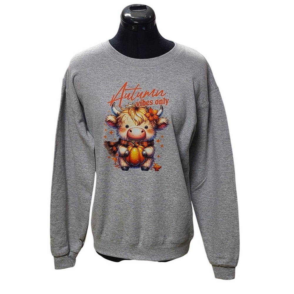 Autumn Vibes Highland Cow Pumpkin Print Women Small Gray Sweatshirt